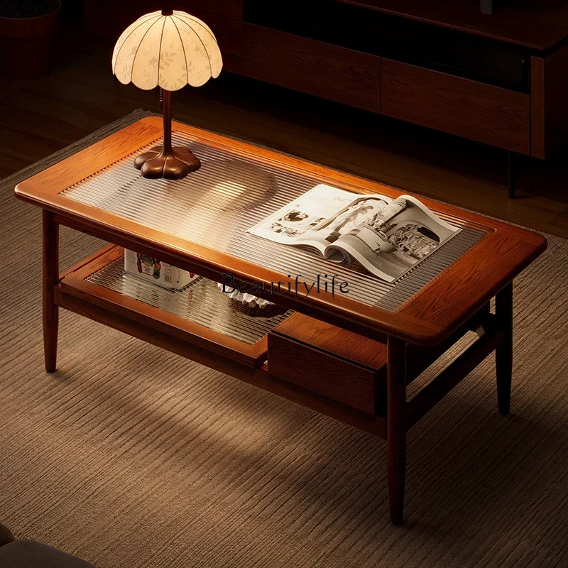 

FG10*Solid wood coffee table living room household small apartment retro glass tea table
