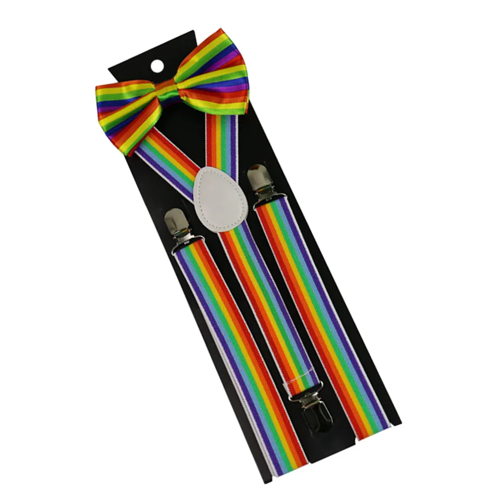 

2pcs 2.5Cm Rainbow Stripe Suspenders Set Colorful Bow Tie Party Accessories For Adults Costume Photo Booth Decor Favor Gift
