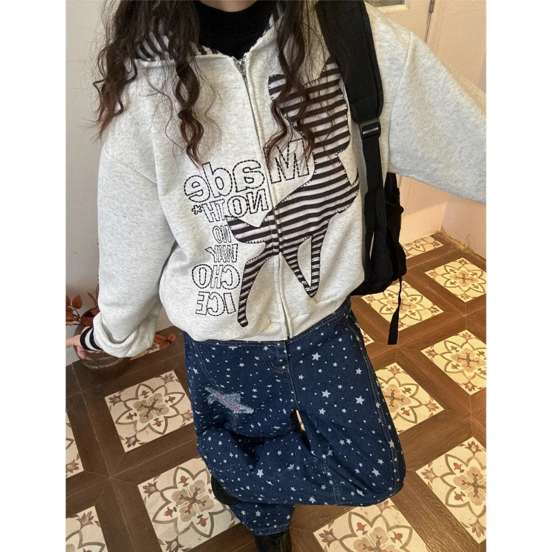 Deeptown American Retro Cartoon Hoodies Women Black Harajuku Y2k Zip Up Coats Kawaii Oversized Casual Embroidery Sweatshirts