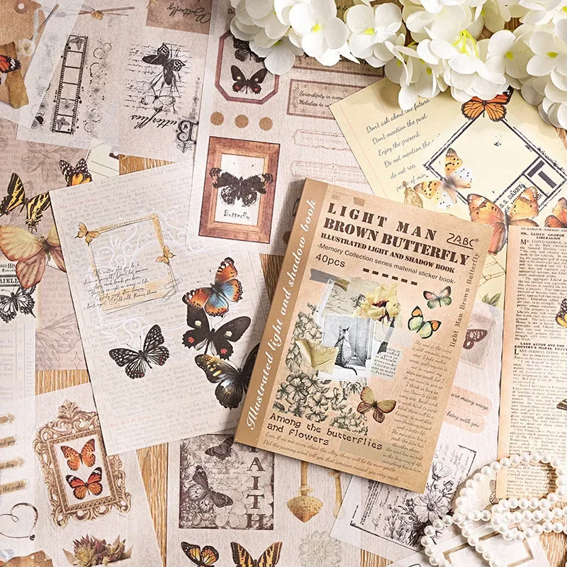 40sheet Vintage Stickers Book Washi Stickers for Junk Journal Supplies DIY Scrapbooking Collage Stationery Planner Decor Sticker