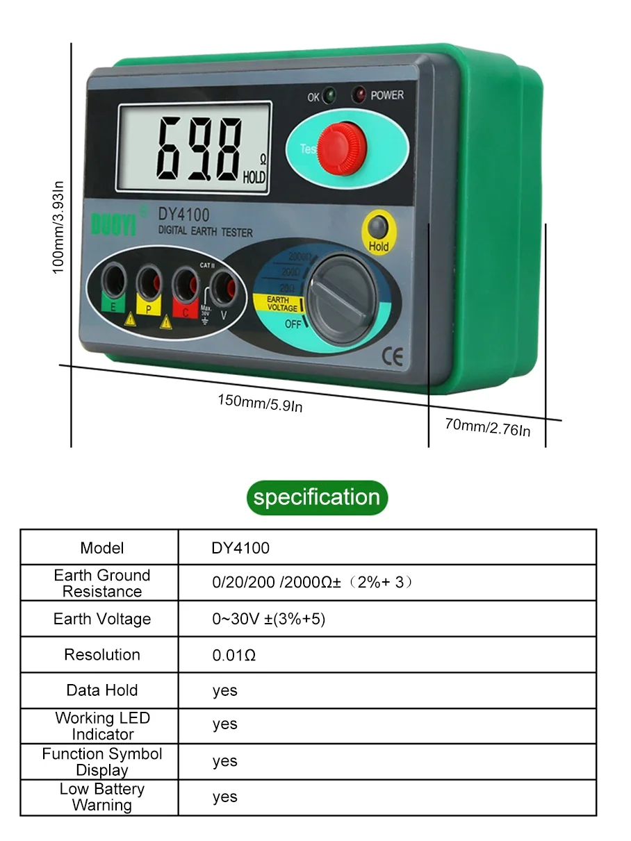 DY4100 multimetro digitale Megohmmeter Tester di resistenza di terra Tester di resistenza del misuratore da 0-2000 Ohm a terra