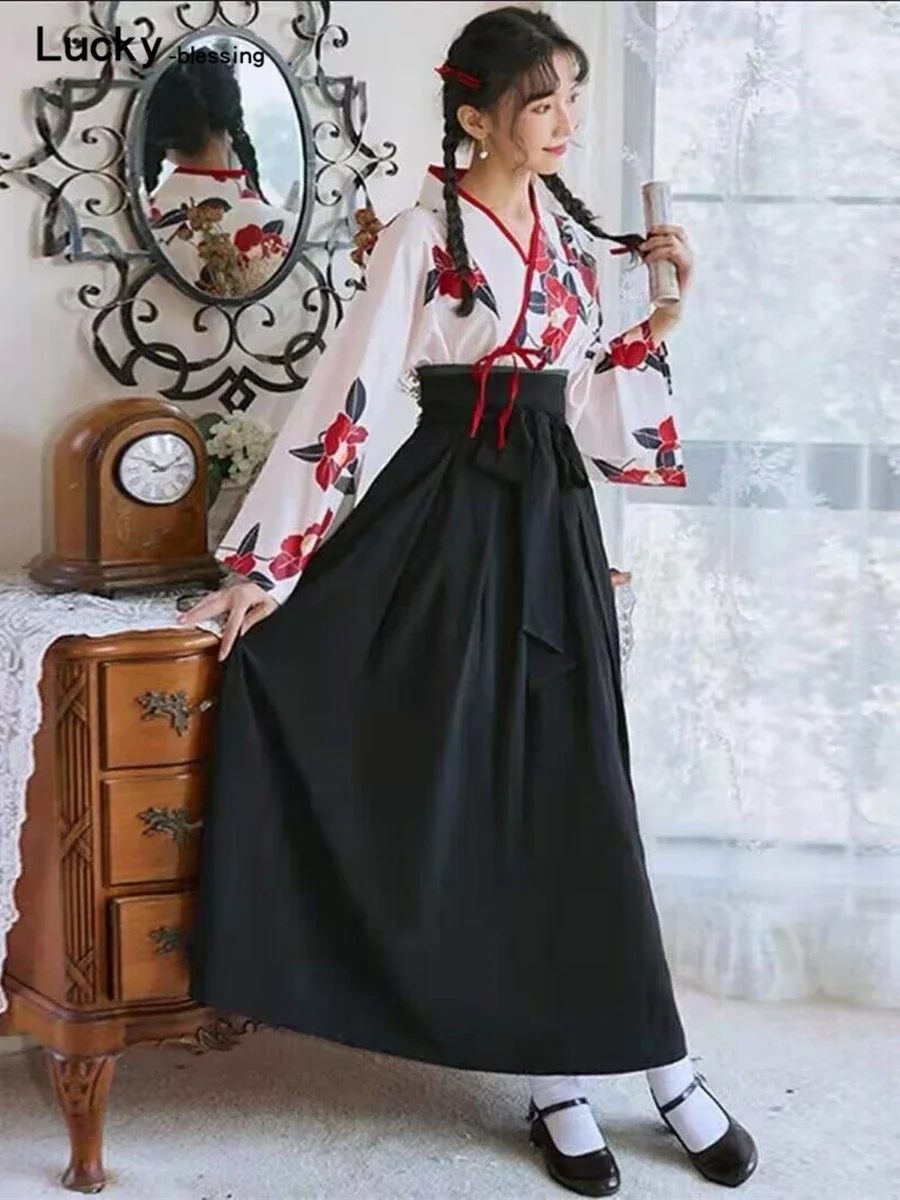 Kimono Sakura Girl Japanese Style Floral Print Vintage Dress Woman Costume Haori Robe Set For Party Yukata Asian Cosplay Clothes