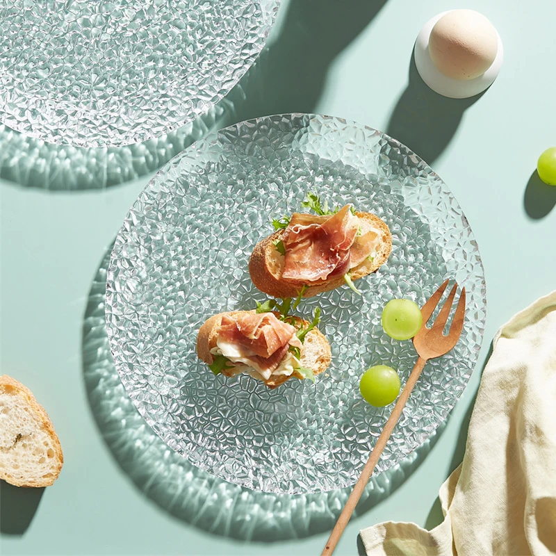 Nordic Ivylinna Lee Glass Plate Home Hammer Plate Flat Creative Fruit Plate Snack Plate Salad Dessert Plate Household Tableware