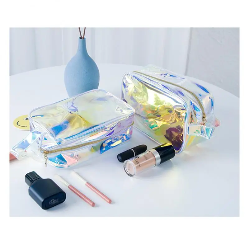 Laser Bright Transparent Makeup Bag Waterproof TPU Metal Zipper Cosmetic Bag With Removable Hand Strap Portable Clear Makeup Bag