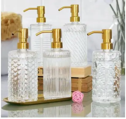 Golden Stainless Steel 400ml Sub-bottle Push Type Hand Sanitizer Shampoo Soap Dispenser Vertical Pattern Glass Lotion Bottle New