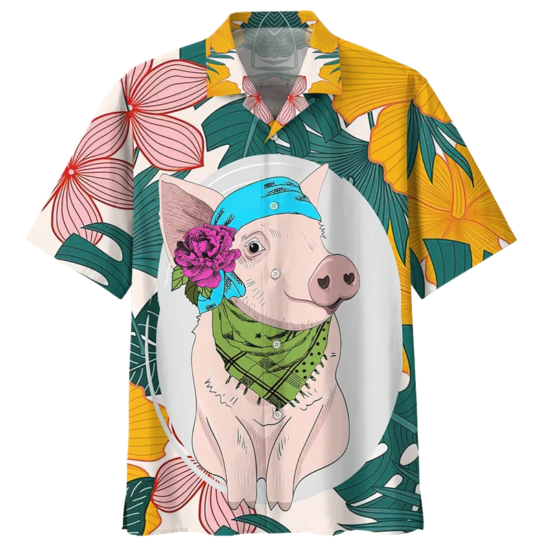 Camisa havaiana com estampa de porco de desenho animado para homens, estampa 3d de animais, manga curta, lapela de verão, camisas grandes, blusas com botão de rua