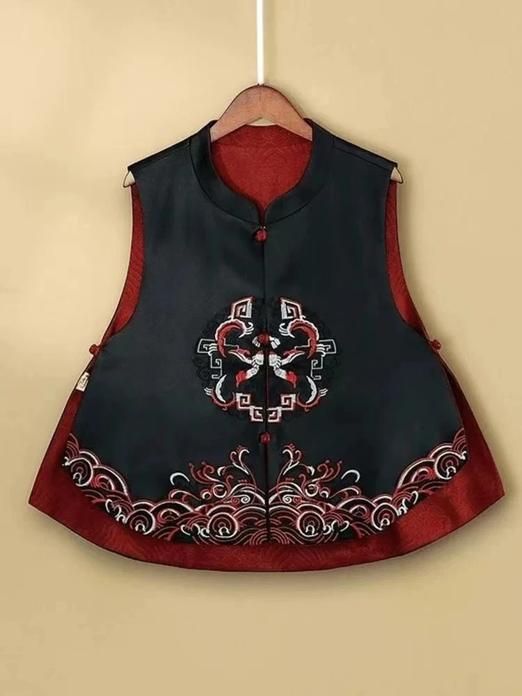 

Chinese Style Vintage Vest Jacket Flower Embroidery Shoulders Outerwears Jacquard Buckle Top Coats tangsuits Women's Clothing