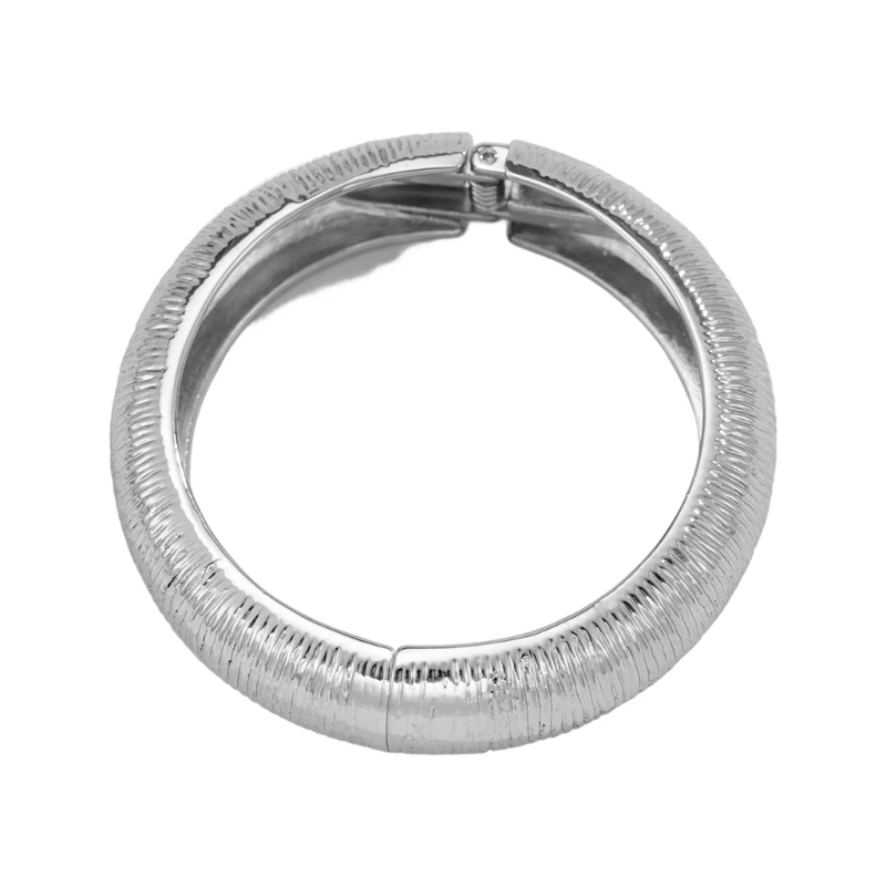 Fashion Pearls Embellished Wide Noodles Bangle Spring Operated Clasp Adjustable Fit Stainless Steel Jewelry