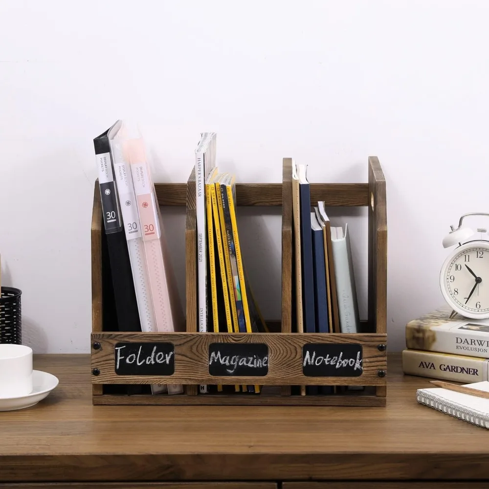 Rustic Wood Document Organizer with 3 Compartments, Chalkboard Labels, and Carry Handles for Office Desk Storage