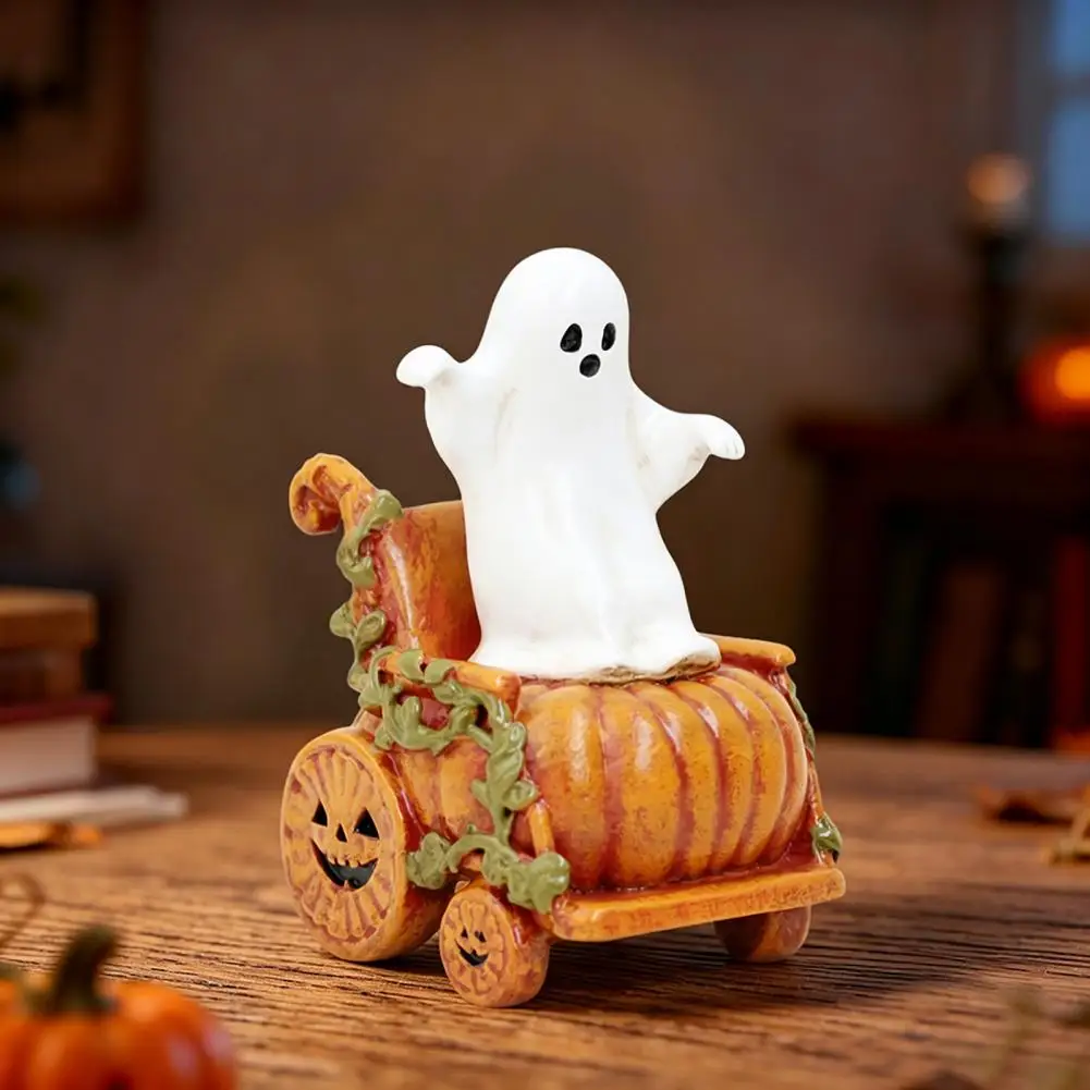 Halloween Resin Ornament Mini Ghost on Pumpkin Cart Ghost Pumpkin Cart Figurine Halloween Resin Ghost Statue Retro for Home