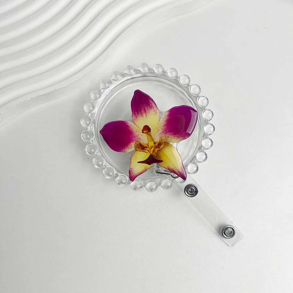 

Cute Acrylic Resin Holder Clip Orchid Flower Shape Durable Retractable Badge Holder Retractable Design ID Badge Reel Student Use