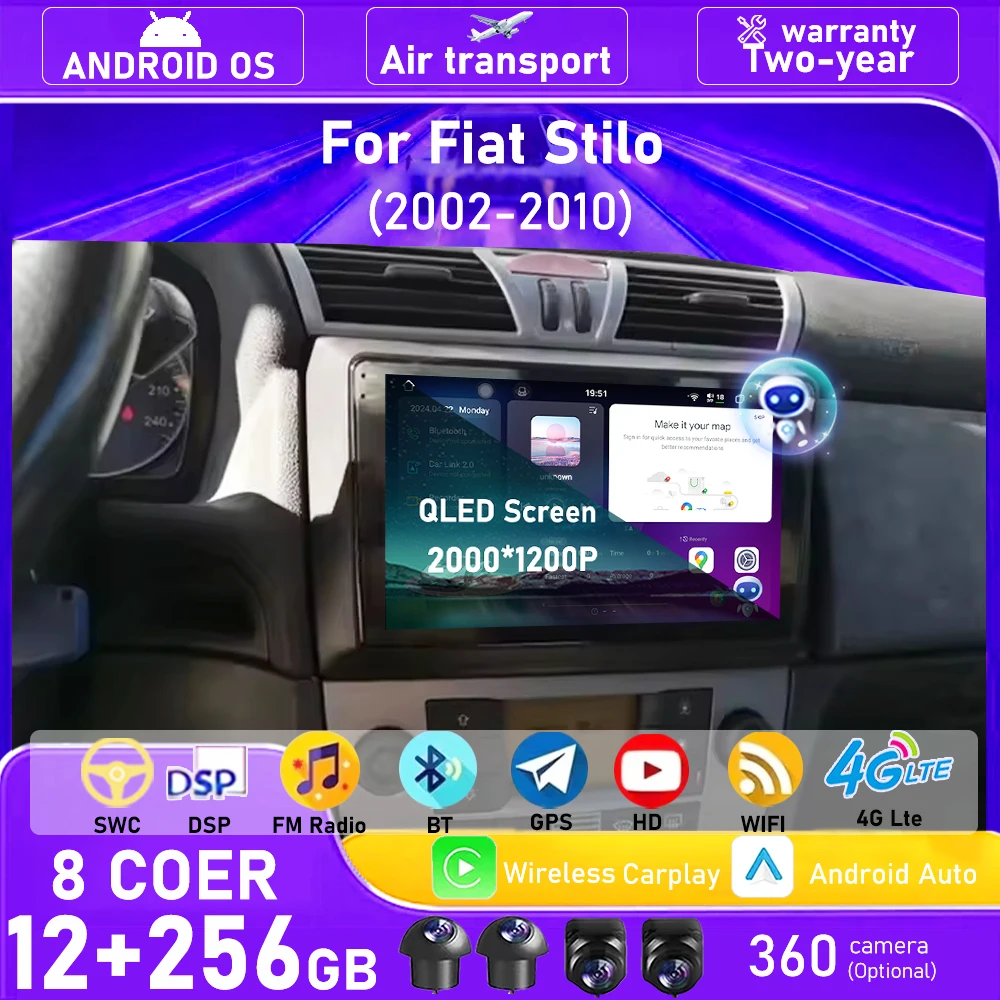 

Wireless Carplay For Fiat Stilo 2002-2010 Android 16 Auto Car Radio Multimedia Video Player GPS Navigation Stereo WIFI Bluetooth