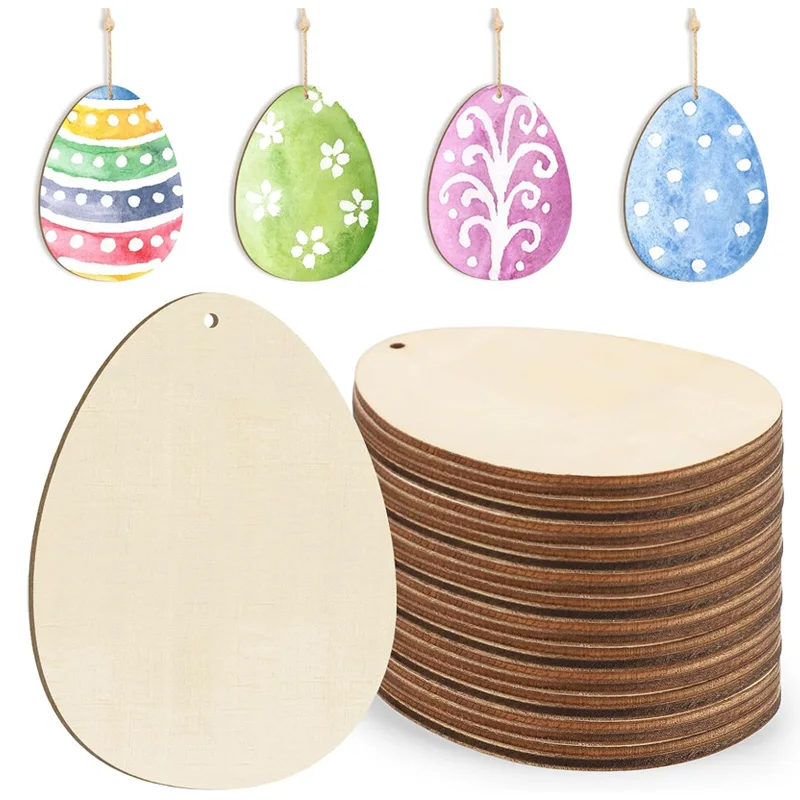 50pcs Unfinished Easter Wooden Eggs With Ropes Blank Pendant Bunny Egg Wood Chips DIY Painted Craft Easter Party Decor Kid Favor