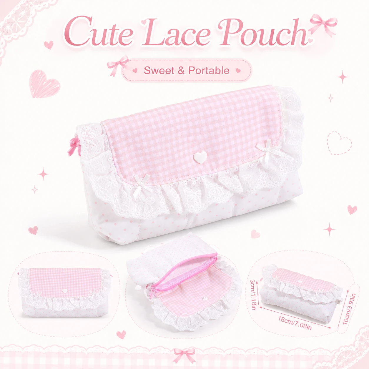 Cute Pink Gingham Lace Pencil Case Small Bow Decor Zipper Bag for Teen Girls Birthday Holiday Back To School Stationery Gift