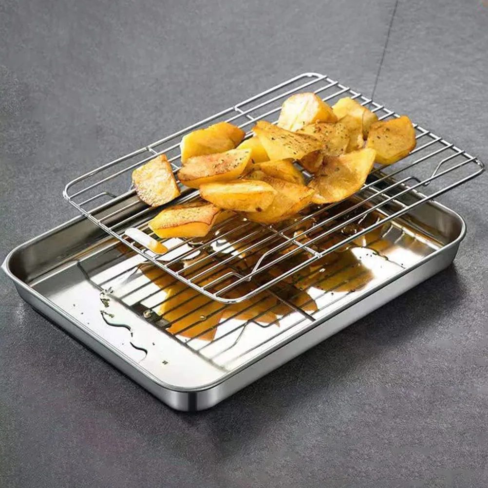 

1 Set Multi-Function Tray With Cooling Rack Stainless Steel Kitchen Baking Pan Household Wire Rack Camping Accessory Reusable