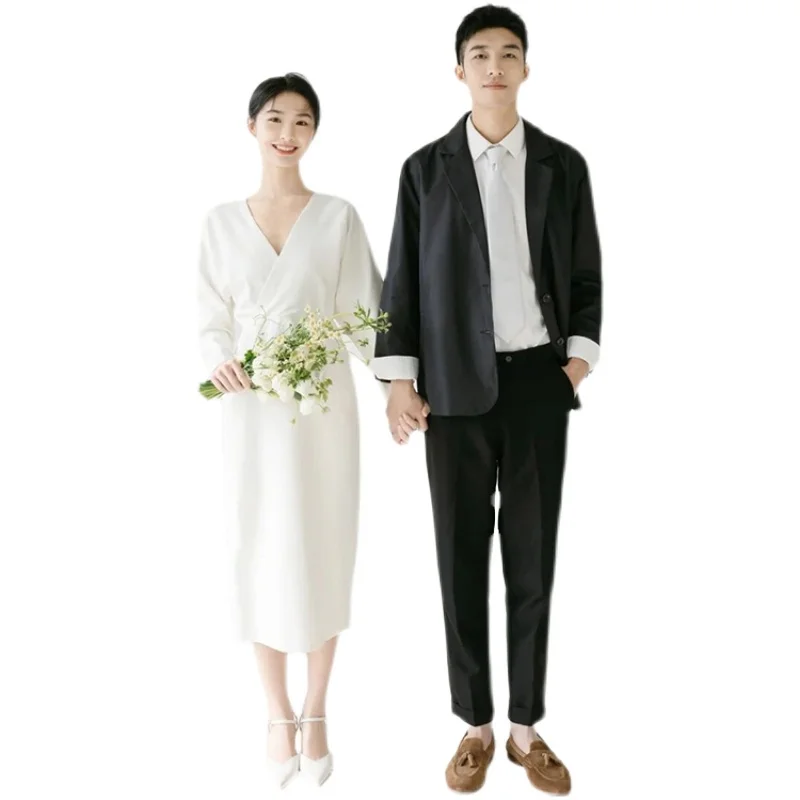 Gaun Pengantin Pendek Gading Lengan Panjang Vintage Satin Korea Gaun Pengantin Leher V Gaun Pengantin Gaun Panjang Teh Gaun Pengantin