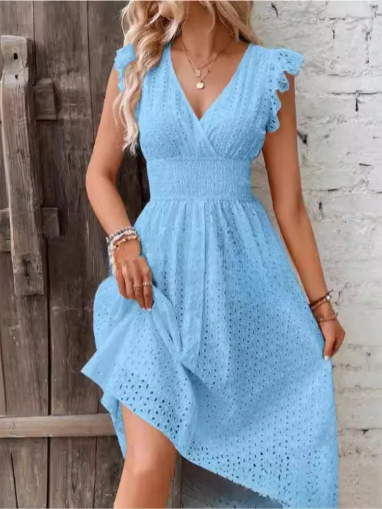 red and blue lace dress Sky Blue Lace Prom Dress Long V Neck Rose Red Formal Dress PG810 US2 / Navy Blue main image 0