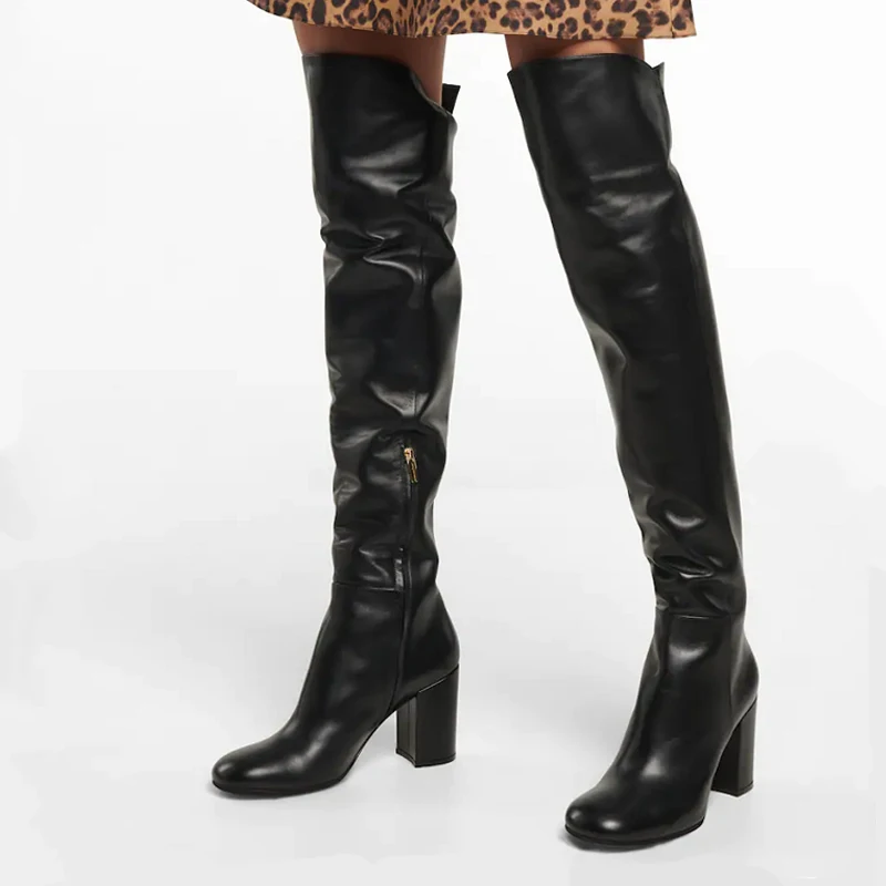 

Leather Custom Sexy Over-The-Knee Boots Pointed Head Square Heel Heel Heightened and Thin Knight Boots Large Size Women's Boots