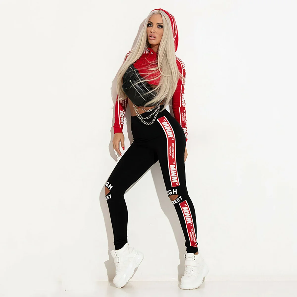 Oshoplive Women Fashion Letter Printed Crop Hoodies Long Sleeves Tops & Holes Pants Sports Suits Gym Sportswear Two Pieces Set