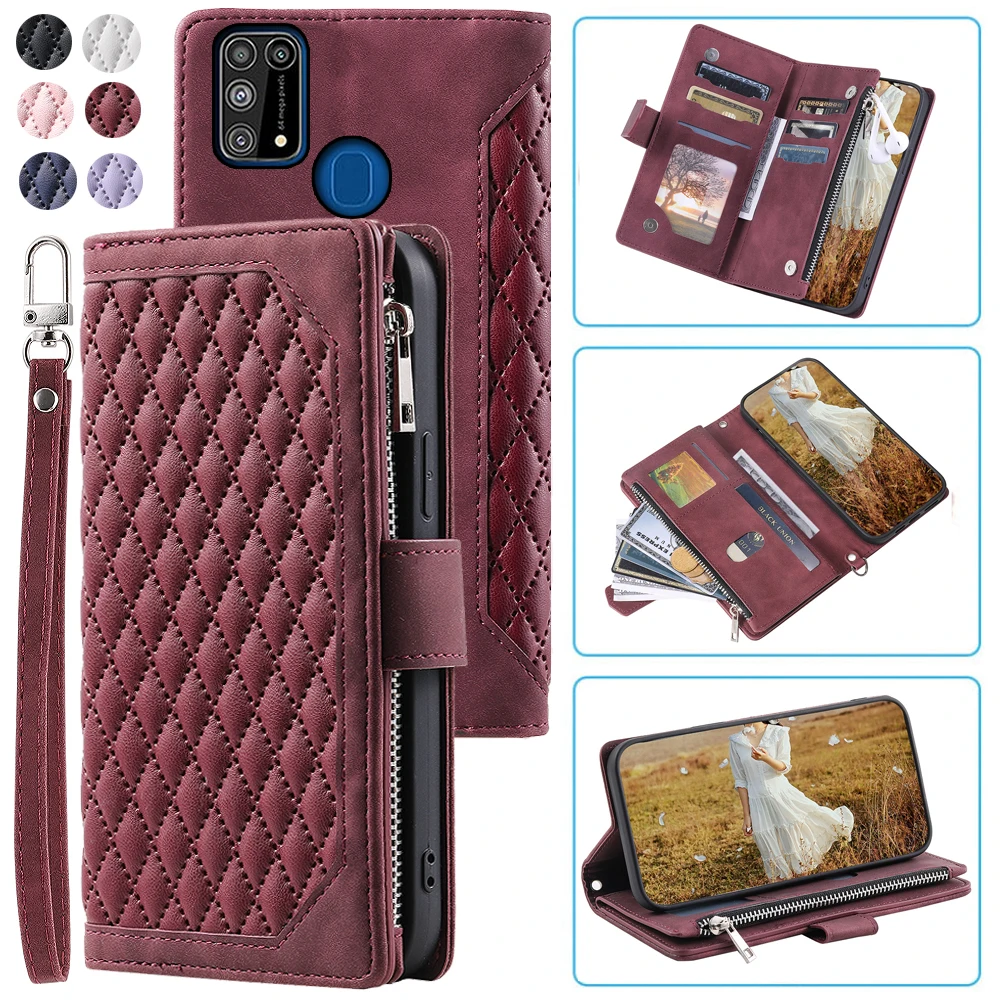 Fashion Zipper Wallet Case For Samsung Galaxy M31 Flip Cover Multi Card Slots Cover Phone Case Card Slot Folio with Wrist Strap