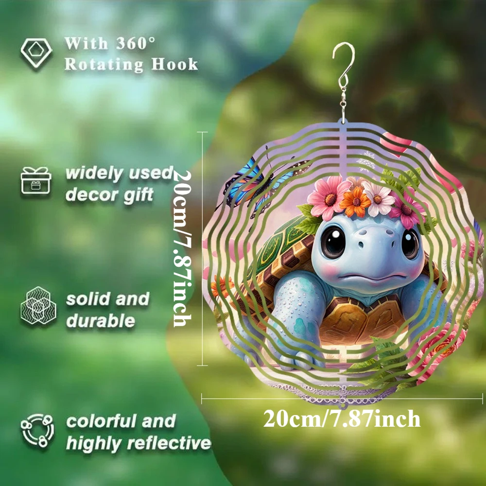 3D 1pc Blue Turtle Flower Crown Dreamy Pattern Wind Chime, Beautiful and Romantic Style, Metal 3D Spinning Wind Chime