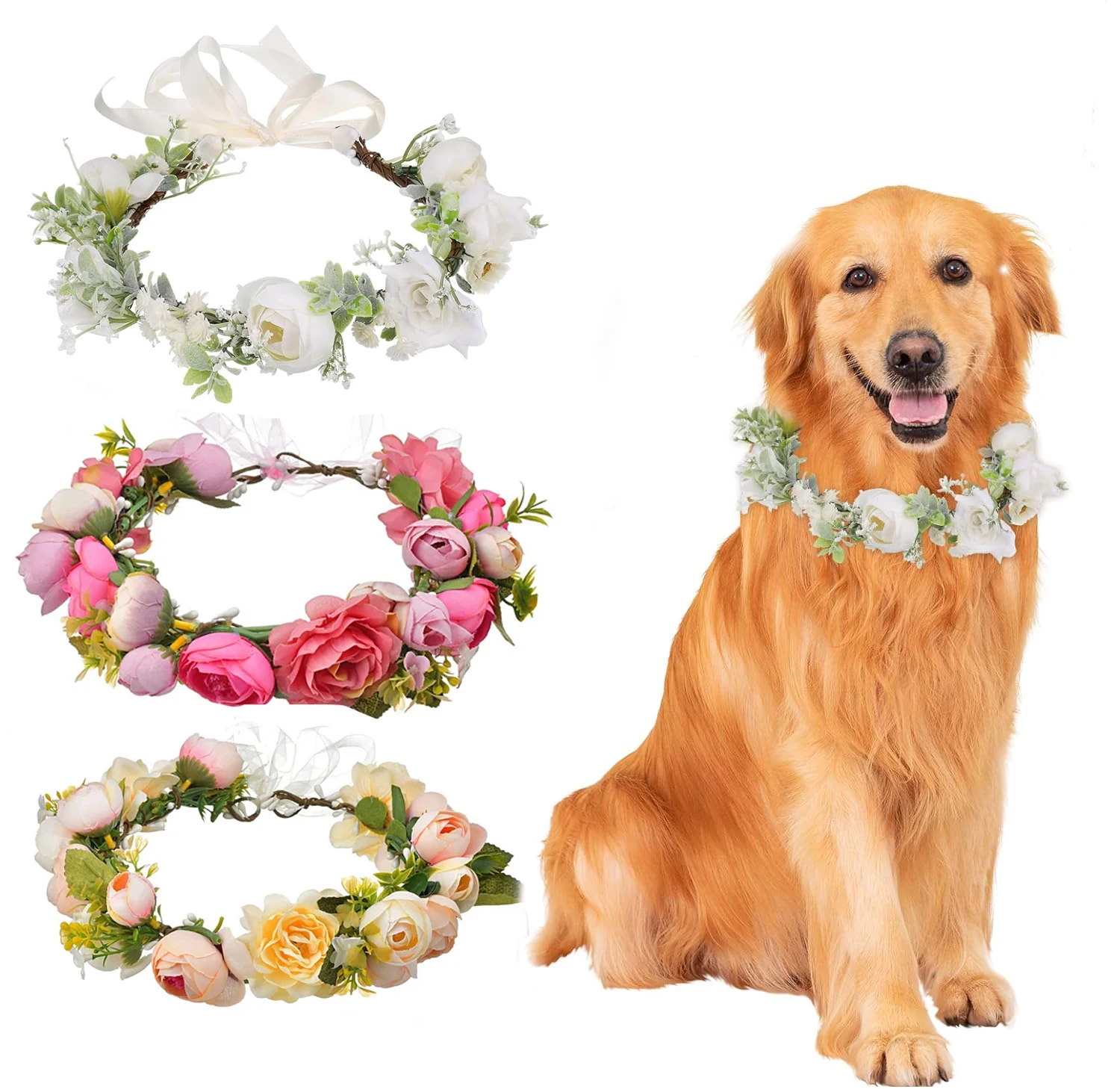 Collier de fleurs de mariage élégant et réglable pour chiens et chats de taille moyenne et grande, accessoires de Costume pour photos de mariage pour animaux de compagnie