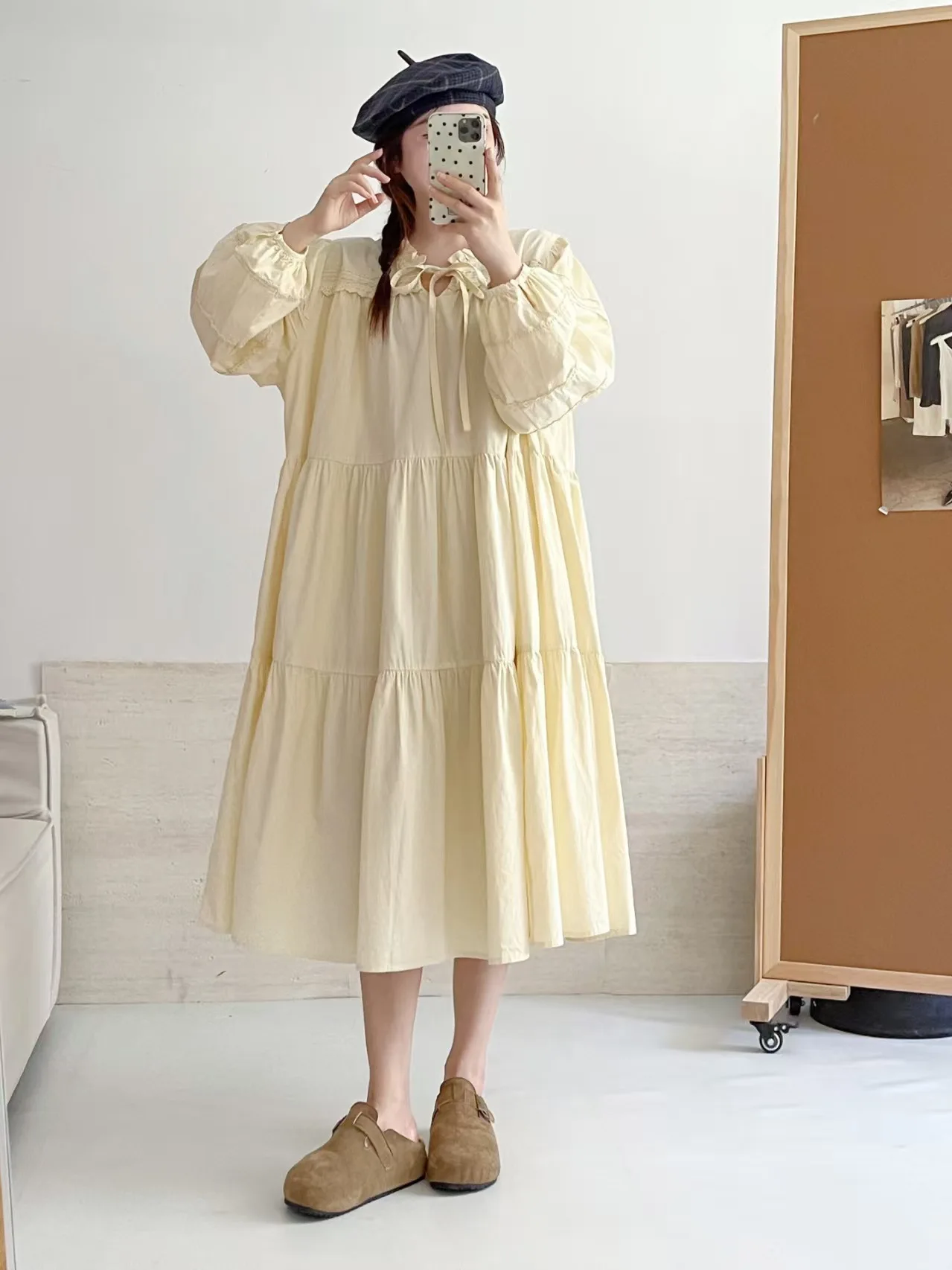 Vestido japonés dulce Mori Girl de Color sólido con volantes para mujer otoño nuevo lindo cuello con cordones manga larga Casual vestidos Midi sueltos