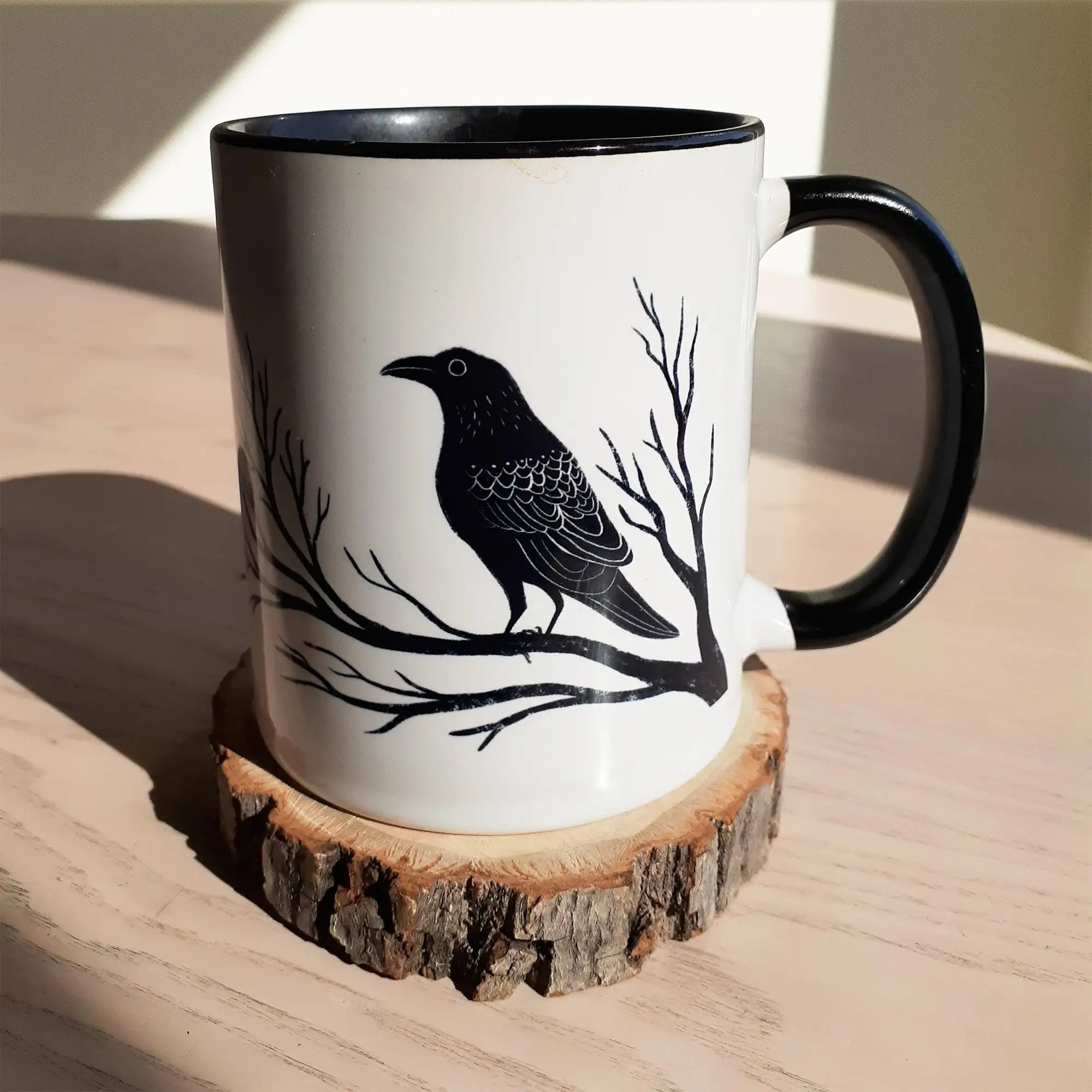 Black Raven coffee mug  Crow Spooky art Black and white Illustration Witchy gifts Mug