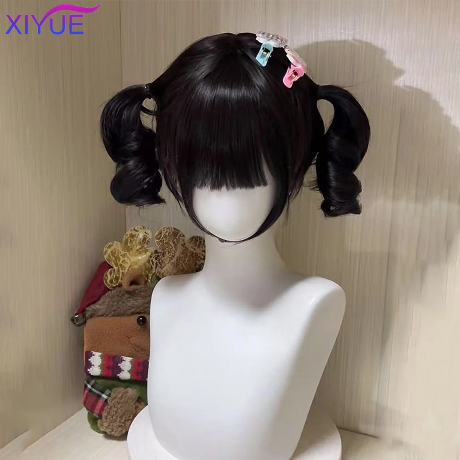 Parrucca sintetica corta riccia con doppia coda di cavallo Frangia Cosplay Lolita Party Chic Girls Princess Marrone Nero Capelli corti resistenti al calore
