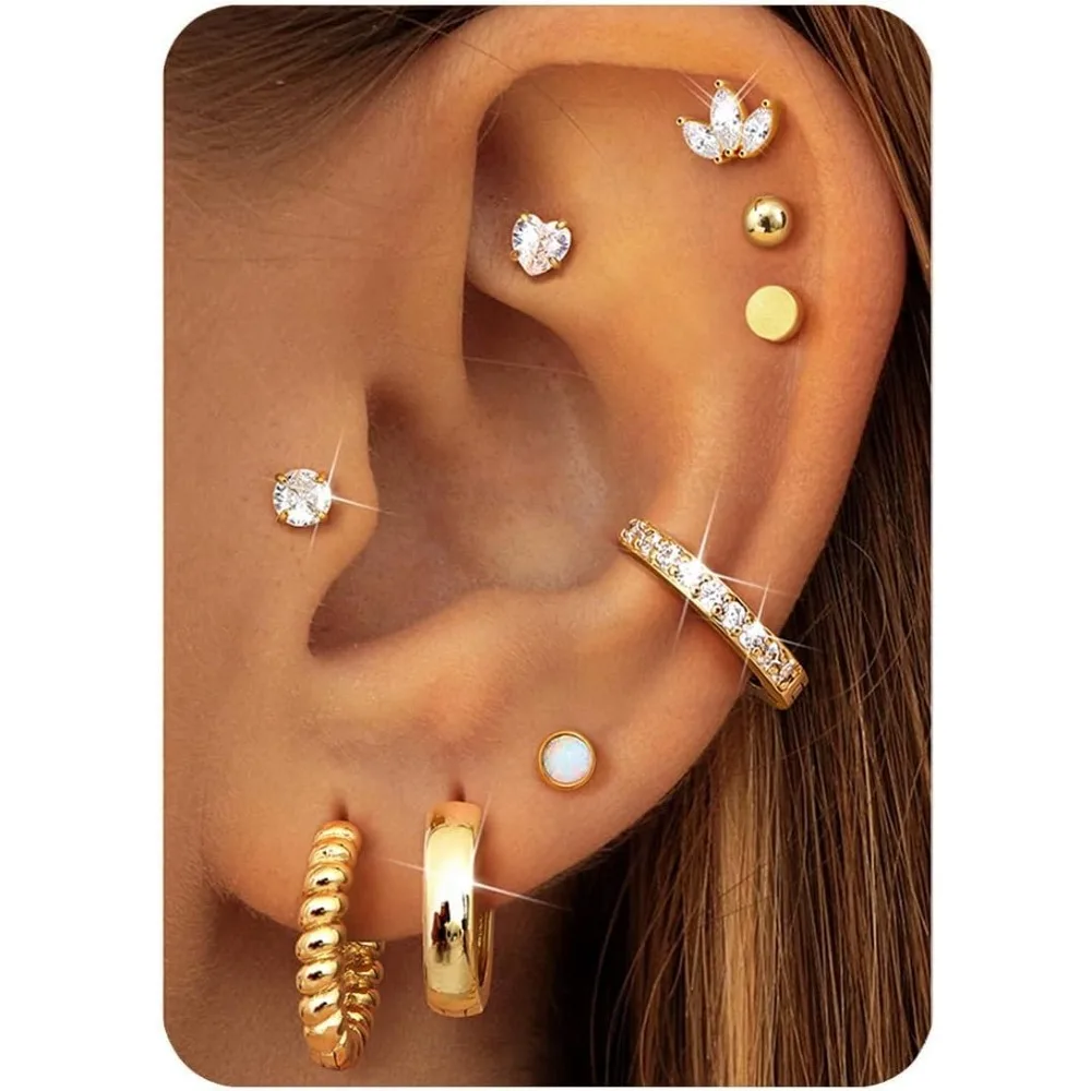 Bobisty 9Pairs Flat Back Earrings Stacks for Women Surgical Steel Studs Hoop Cartilage Earring Set for Multiple Piercing Jewelry