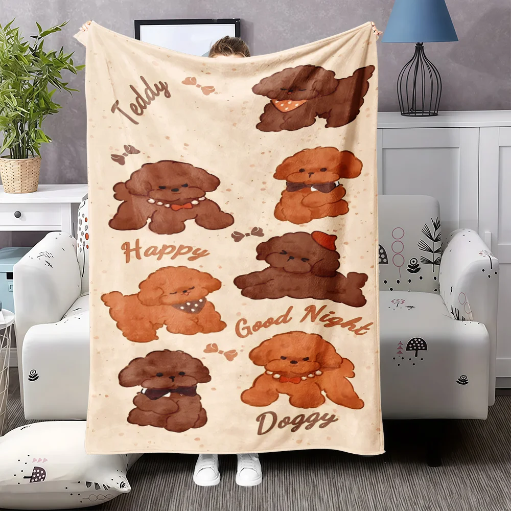 1pc Teddy Bear Dog Plush Blanket - Soft Beige & Brown Cozy Flannel Bedspread with Cute Puppies, Pomeranian/Shih Tzu-like Pattern