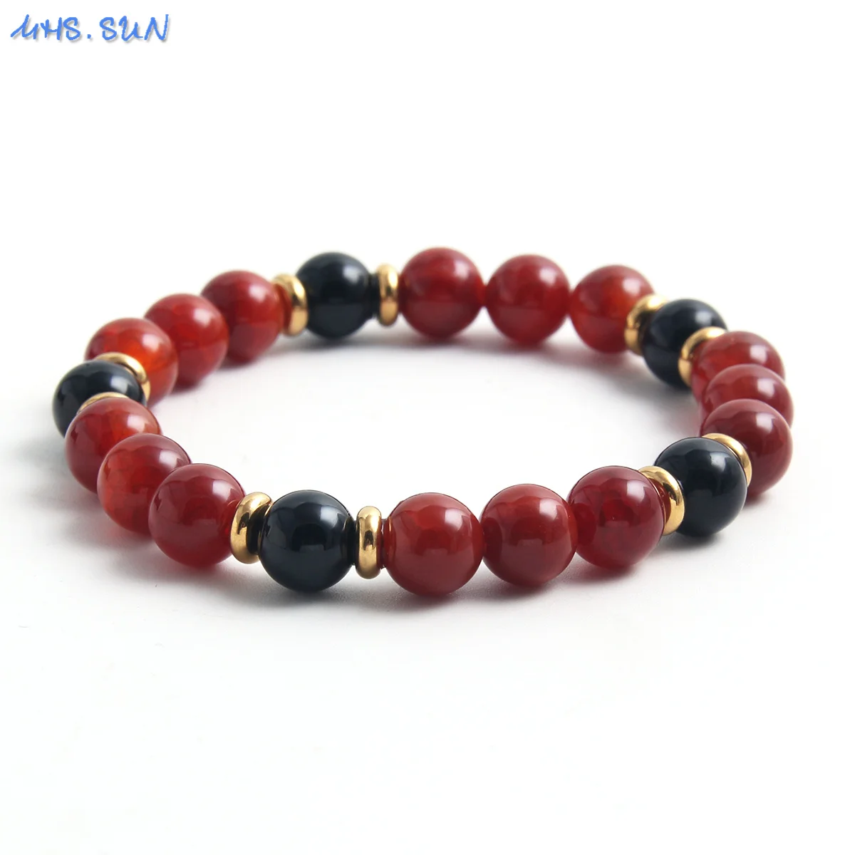 SUNSLL Simple Elastic Natural Stone Beads Bracelet Gold Plated Women Men Vintage Vermilion Reiki Healing Bracelets Jewelry