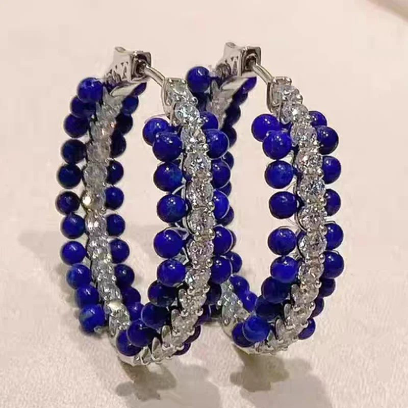 

KQDANCE Элегантные серьги-кольца из стерлингового серебра 925 пробы в богемном стиле с лазуритом и голубой бирюзой, 3 см, изысканные ювелирные изделия