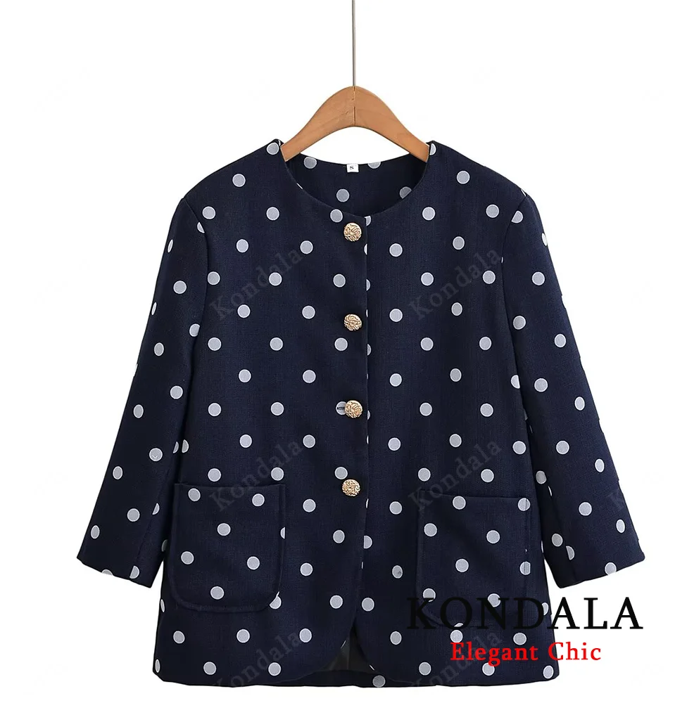 

KONDALA женская элегантная куртка в горошек с круглым вырезом на пуговицах и подплечниками, новинка 2025, весенне-осенняя модная повседневная женская куртка, пальто