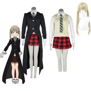 Maka Albarn Cosplay Set, Long Black Coat, Shirt, Vest, Plaid Skirt, Tie, Wig Optional, Anime Roleplay Outfit for Girls Comic Con