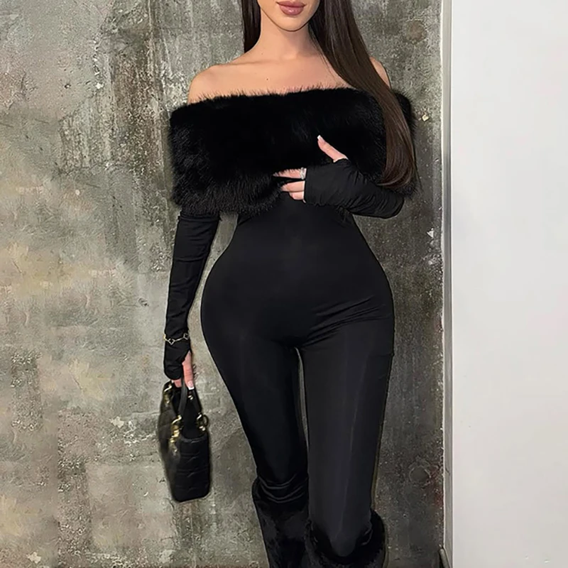 Eleganckie kombinezony damskie z wysokim stanem, obcisłe, jednolite, luksusowe, na imprezę, jesienno-zimowe, stylowe, z futrzanym kołnierzem.