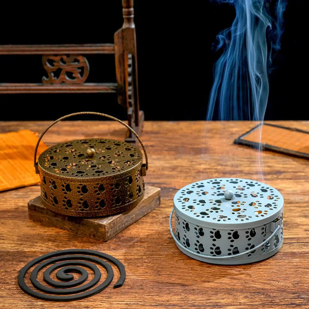 

Iron Mosquito Coil Holder with Lid Round Fireproof Incense Holder Aroma Stove Sandalwood Rack Metal Insect Repellent Box