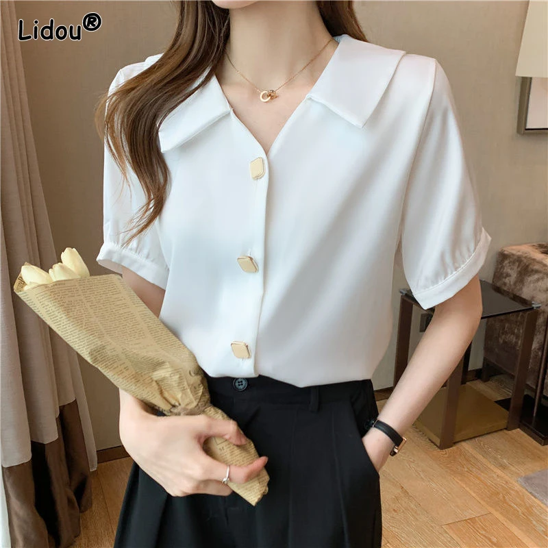 Women\'s Clothing 2023 Fashion Casual Office Lady Loose Solid Thin Summer Turn-down Collar Button Elegant Short Sleeve Blouses