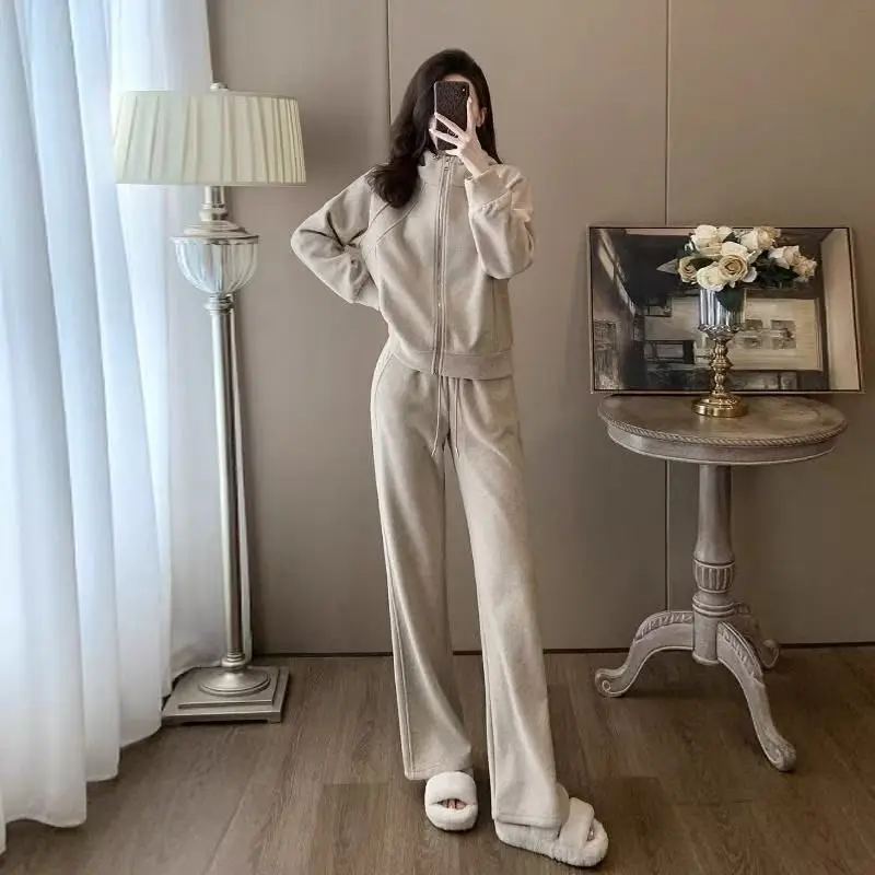 

Autumn Winter Casual Hoodie Sports Set Women's Fashion Hong Kong Style Slimming Anti-Aging Wide Leg Pants Running Two-Piece S...
