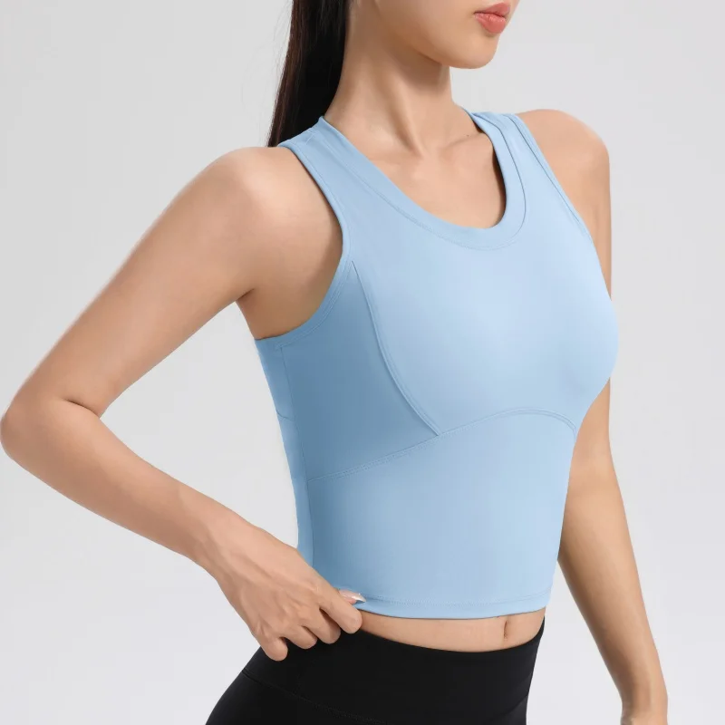 High-Stretch Yoga Tank Top with Built-In Pads All-match Vest Shockproof Supportive Fitness Top for Pilates, Cycling, and Running