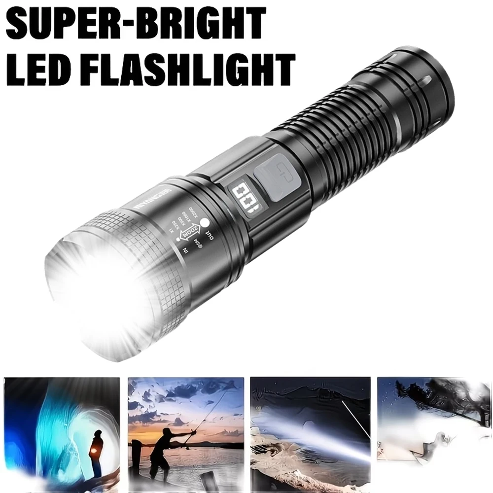 High Power LED Flashlights Rechargeable Long Range Tactical Torch with Power Bank 3 Modes Camping Fishing Emergency Zoom Lantern