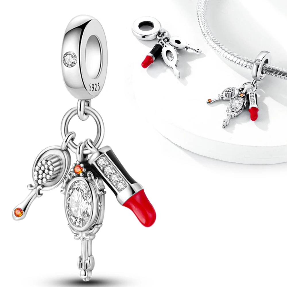 Original Charms 925 Silver Girl Comb Mirror Lipstick Pendants Fit Charms Plata 925 Bracelets for Women Women Jewelry Making Diy
