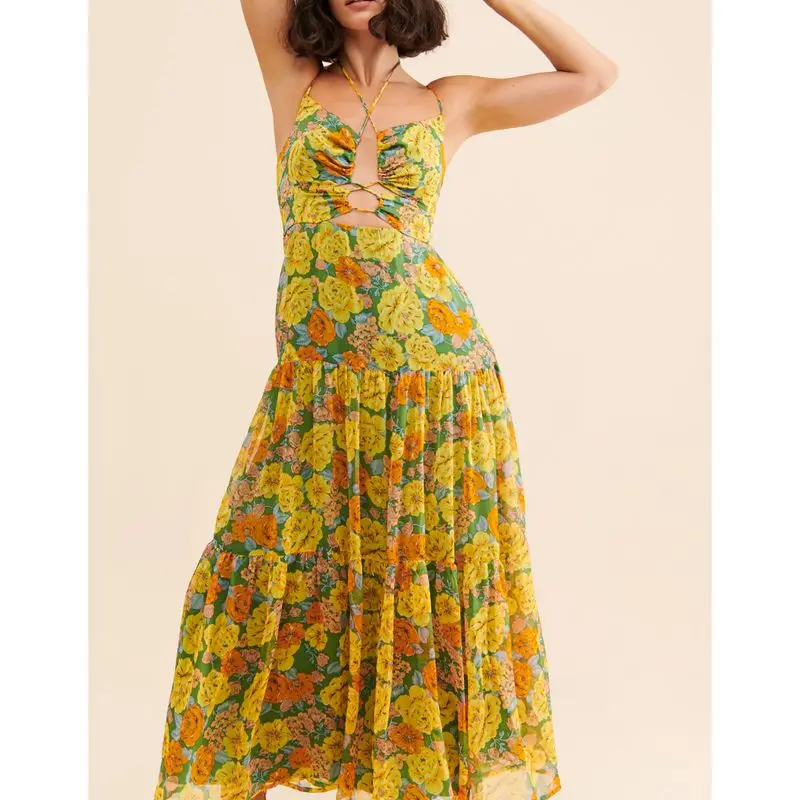Combhasaki Donna Estate Lace-up Halter Neck Ritaglio Busto Smocked Backless Ruffle Flowy Swing A-line Cami Slip Abito lungo floreale