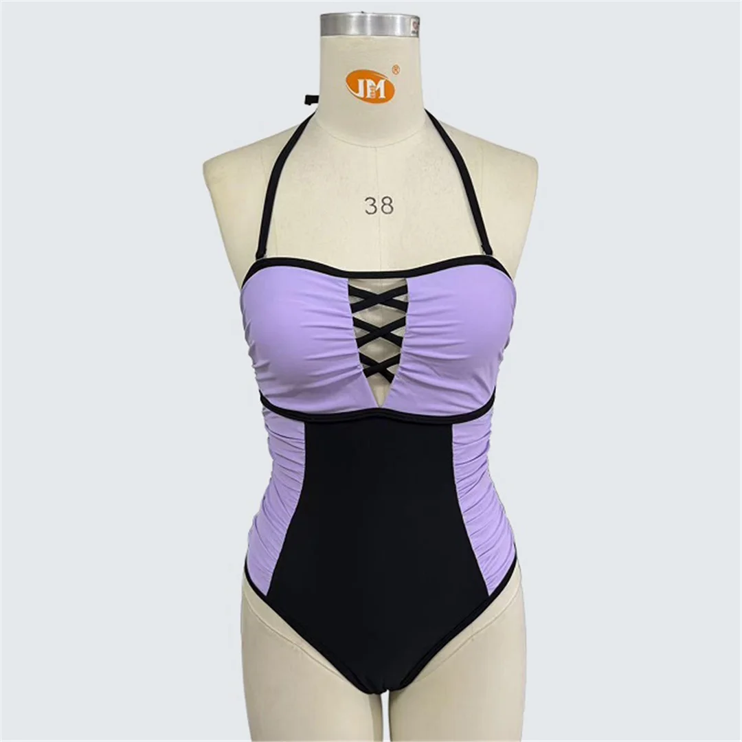 S - XXL, einteiliger Badeanzug mit Schnürung und Halterneck, Damen-Badebekleidung, rückenfreier Badeanzug mit hohem Beinausschnitt, Badeanzug, Modell V7509. – Detail 9