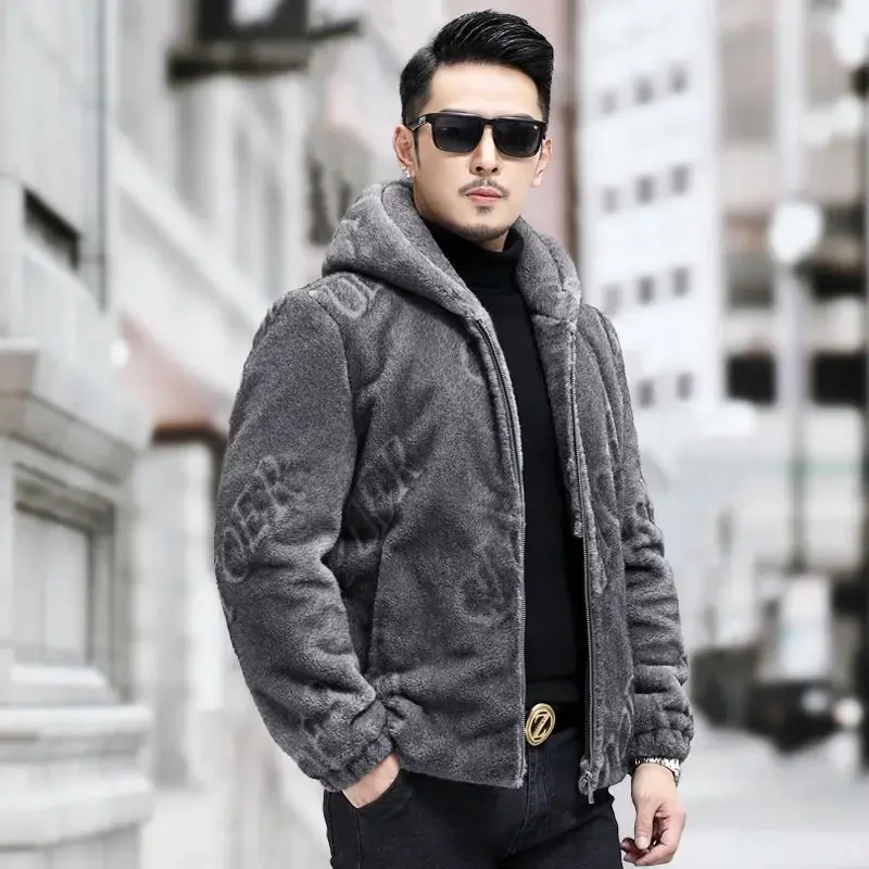 2023 Men's Autumn Winter Fashion Long Sleeve Hooded Coats Male Genuine Fur Printed Jackets Men Slim Fit Warm Overcoats