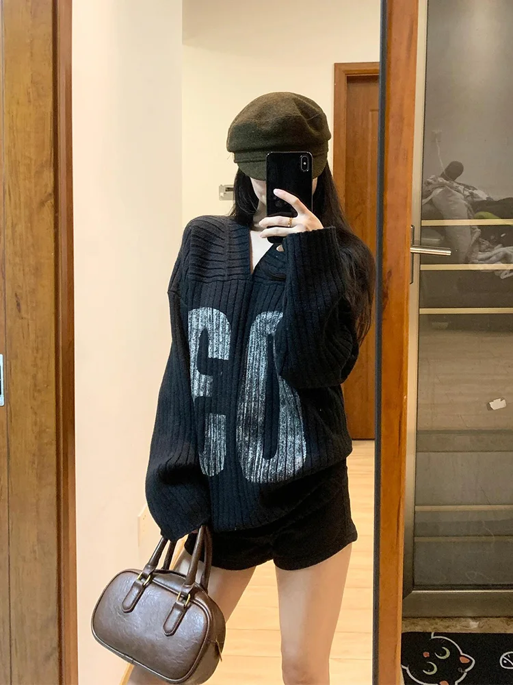 فضفاض محبوك سترة V-Ne المرأة الخريف الشتاء ملابس خارجية مريحة عادية Sle طويلة Sve تي شيرت Bla Lazy Faion #1