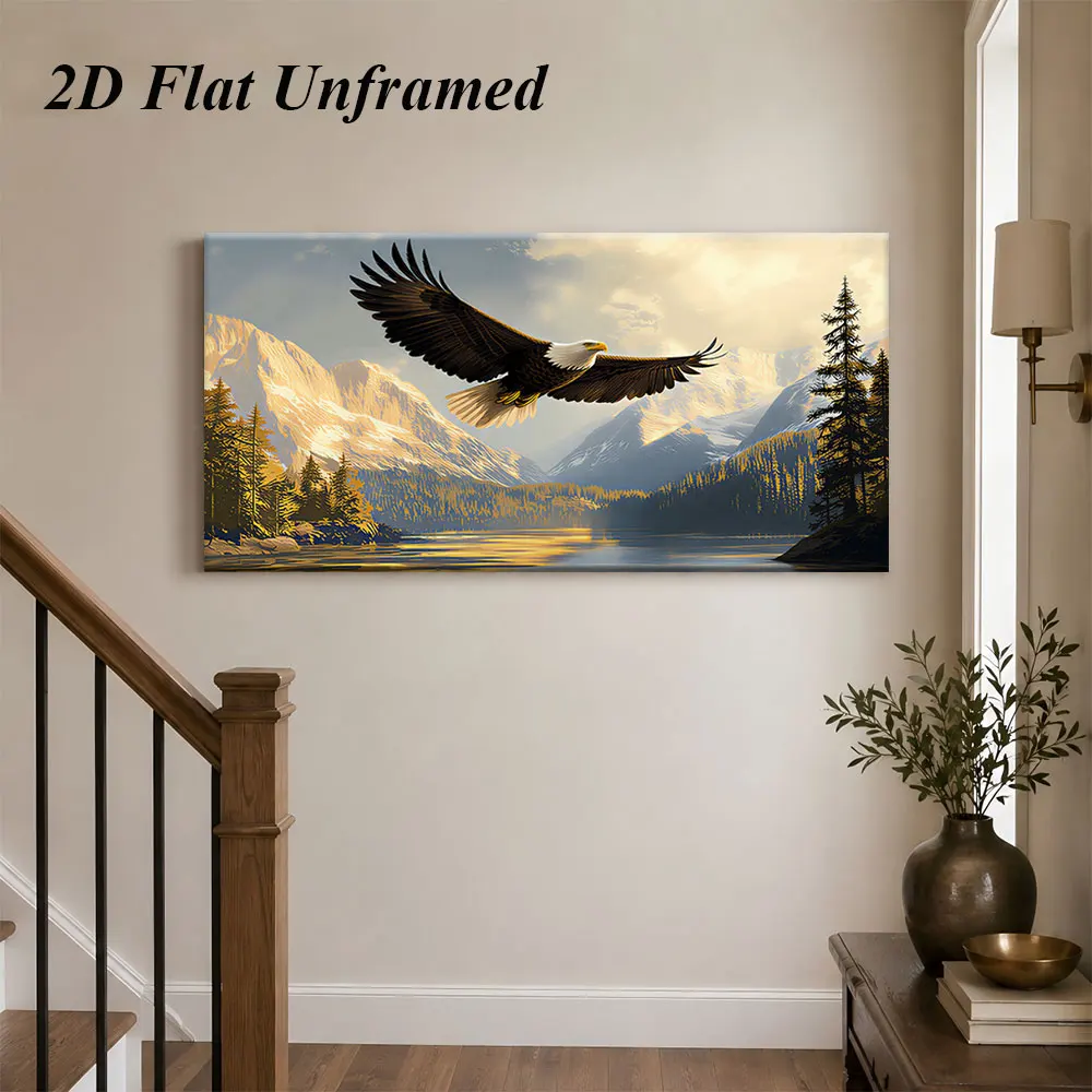 1 piece of American retro style frameless decorative painting, spreading wings, eagle, lake, mountain scenery, 2D plan