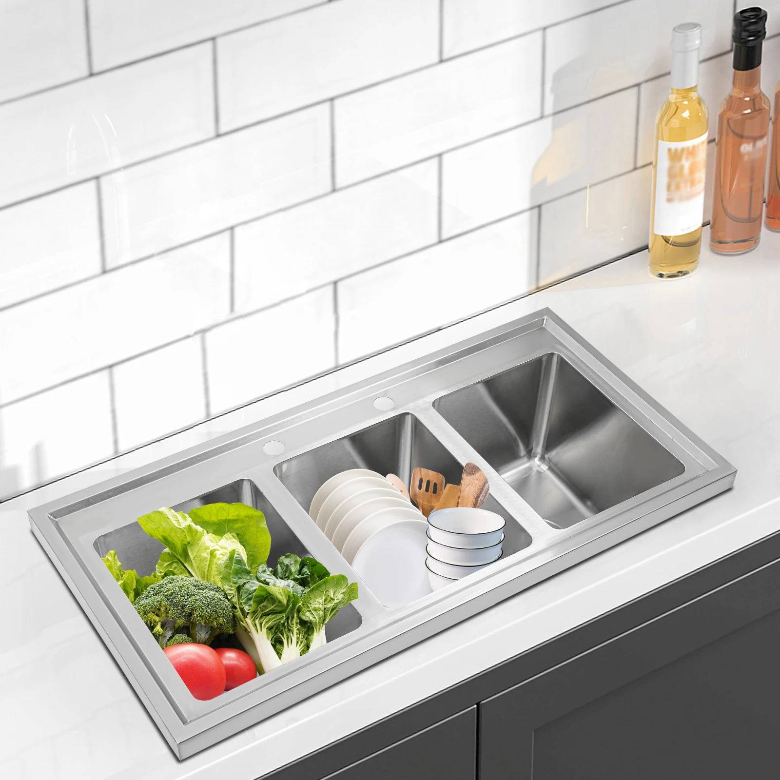 حوض مطبخ تجاري فضي مكون من 3 حجرات، حوض ثلاثي من الفولاذ المقاوم للصدأ 201، حوض إعداد بار 94 × 47 × 25.4 سم مع 3 أنابيب تصريف #3