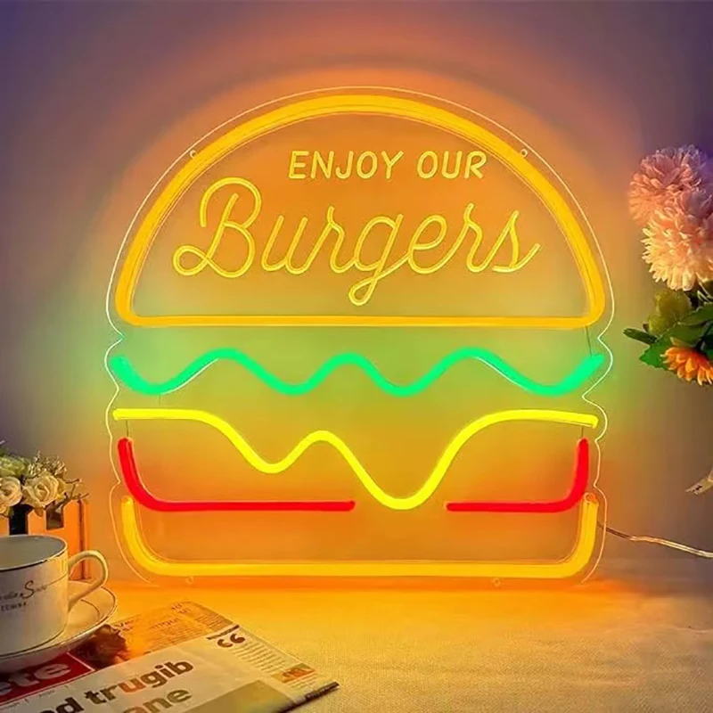 Business Shop Party Neon Sign Hamburger Pizza Fries Neon Light For Restaurant Eating House Wall Led Sign Food Shop Cinema Decor