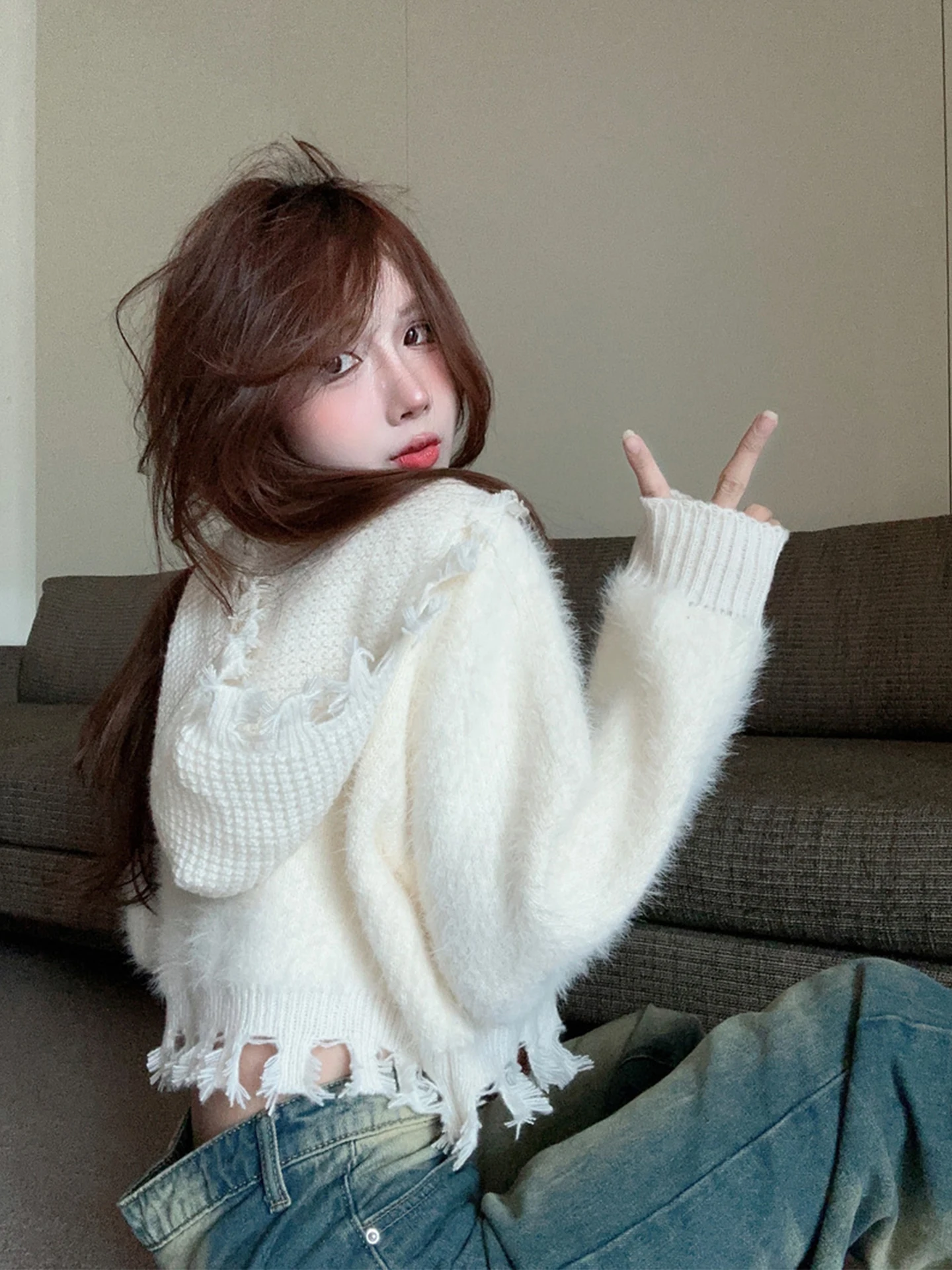 

White Hooded ort Knitted Cardigan Women's Autumn Winter Faion Mouton Outerwear Batwing Sve Thi Warm Korean Sle Top